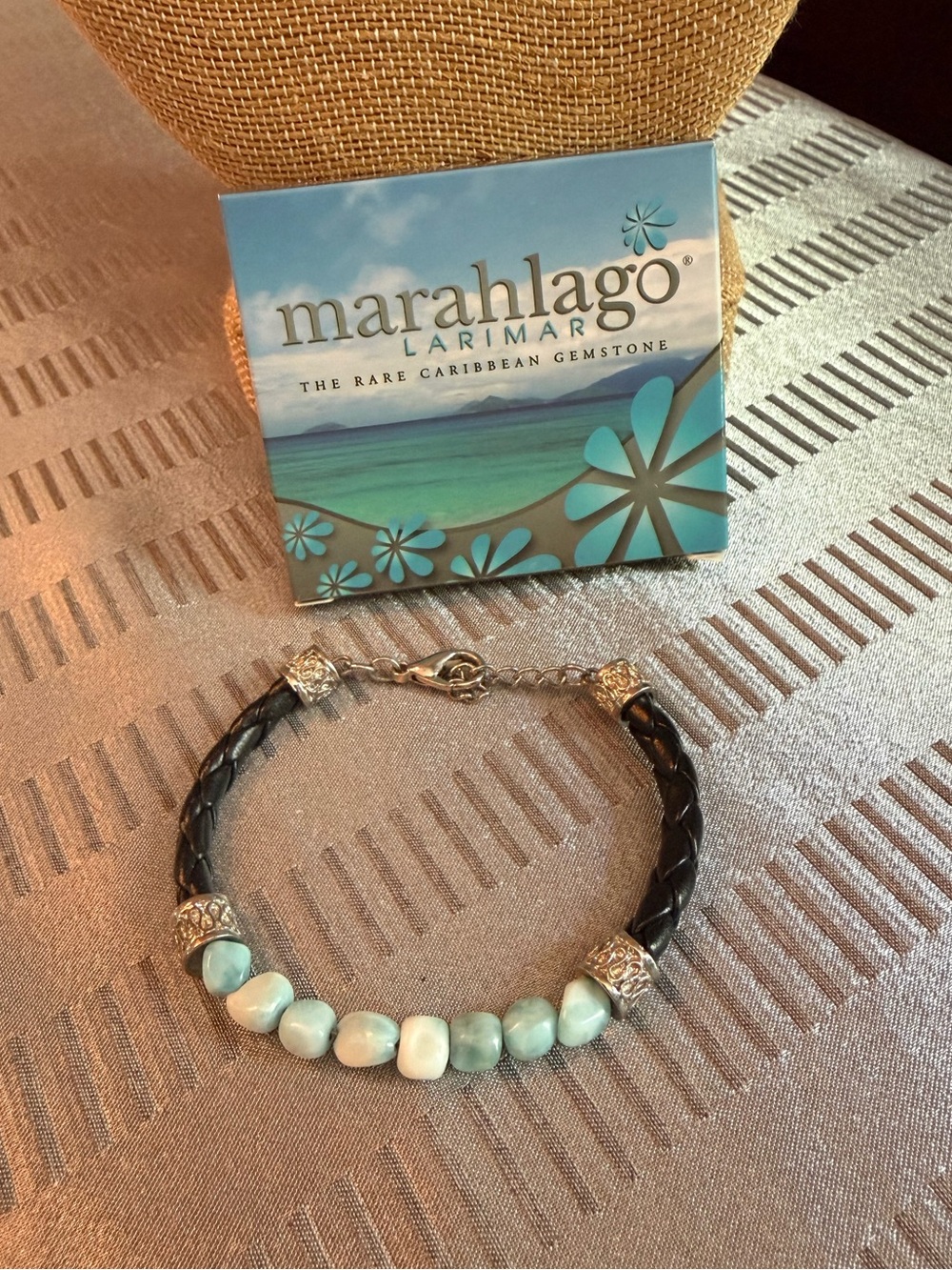 Marahlago Larimar Round Beaded Black Leather Bracelet Adjustable Lobster Clasp
